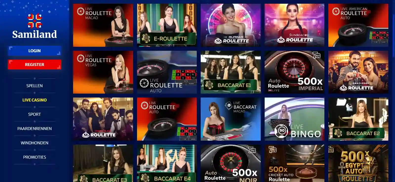 Actuele Samiland live-casino lobby met live-dealertafels