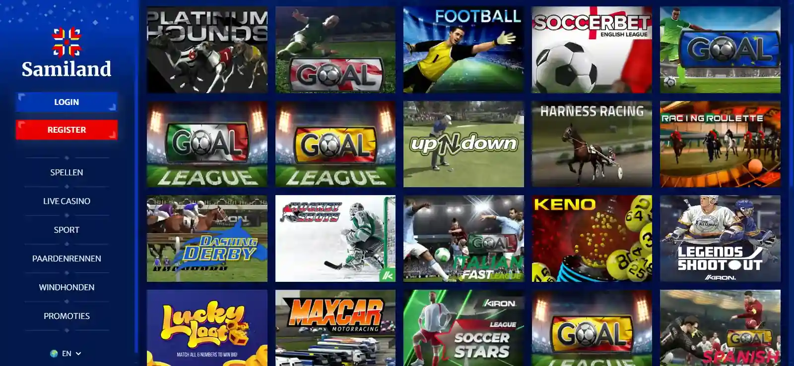Actuele Samiland sportsbook interface met sportnavigatie