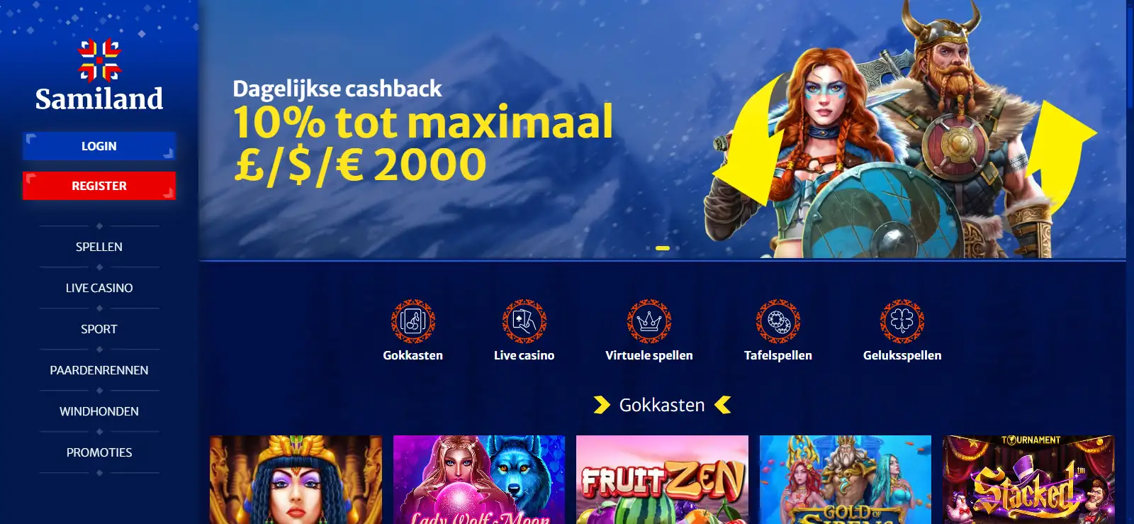Samiland homepage met zichtbare merknaam en casino-interface